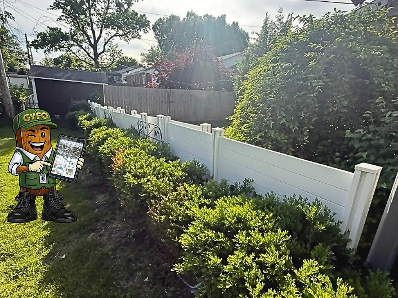 The same yard before: an old white vinyl privacy fence behind a boxwood hedge, the GYFO mascot showing the plan on a tablet
