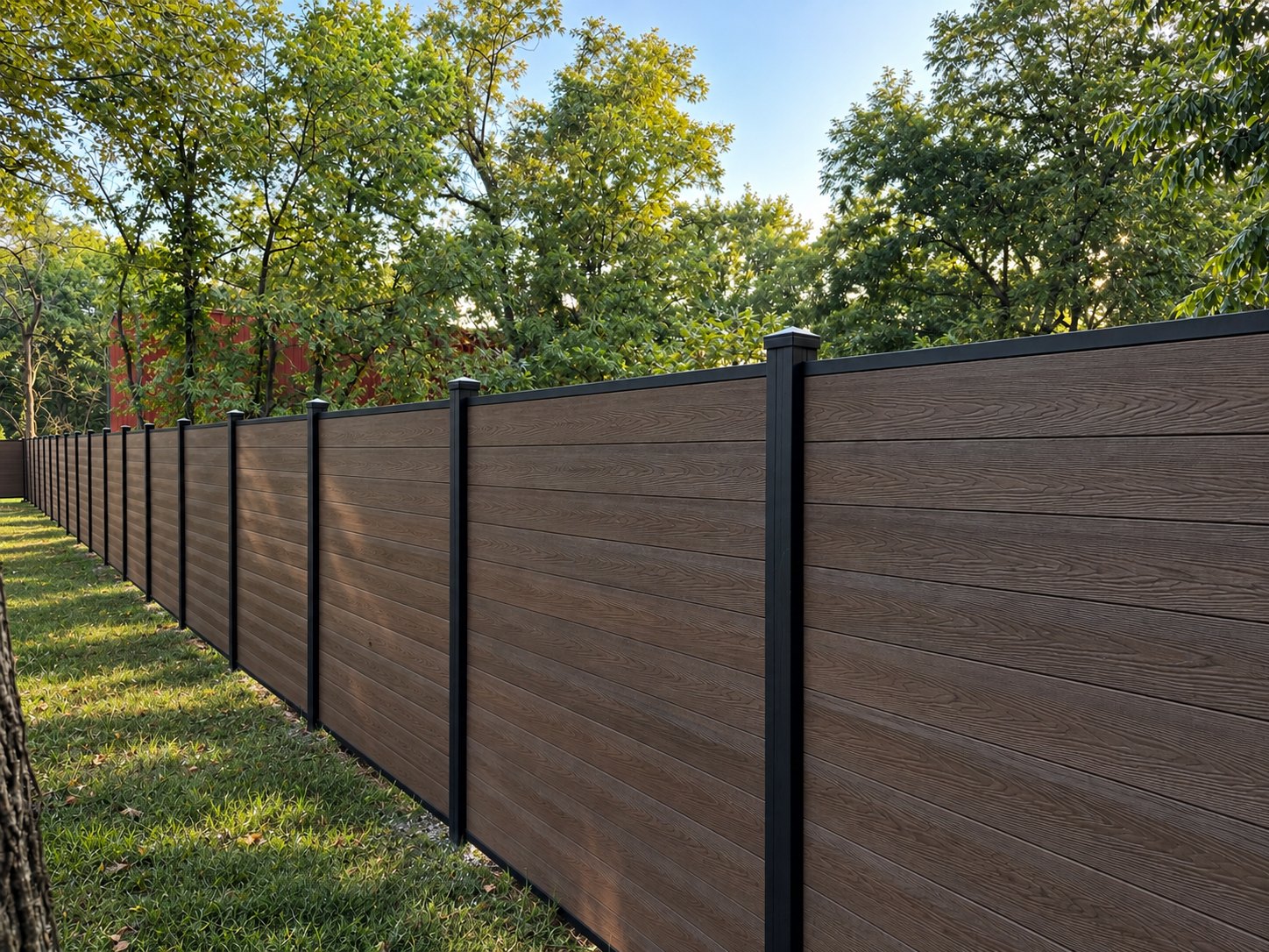 A brown horizontal composite privacy fence on black posts running a straight line along a tree-lined property