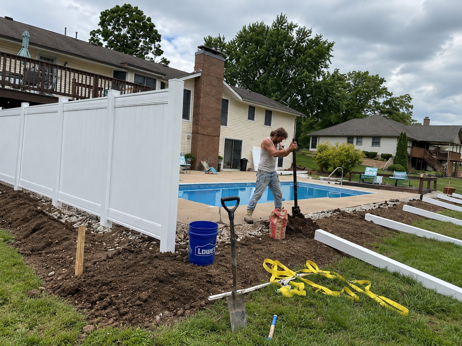 A Get Your Fence On crew member digging a post hole beside a finished white vinyl privacy fence at a poolside yard