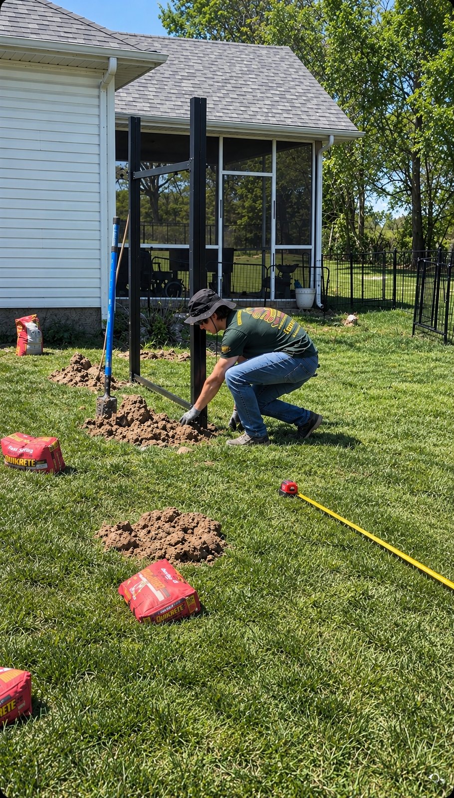 A Get Your Fence On crew member in a company shirt setting black steel posts, tape measure and concrete bags on the grass beside him