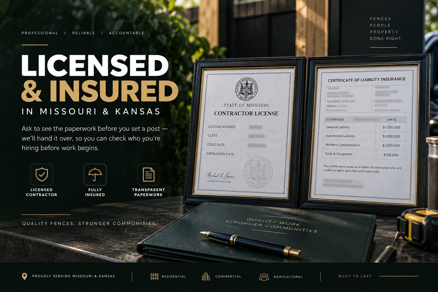 The Get Your Fence On Missouri contractor license and certificate of liability insurance, framed on a work bench