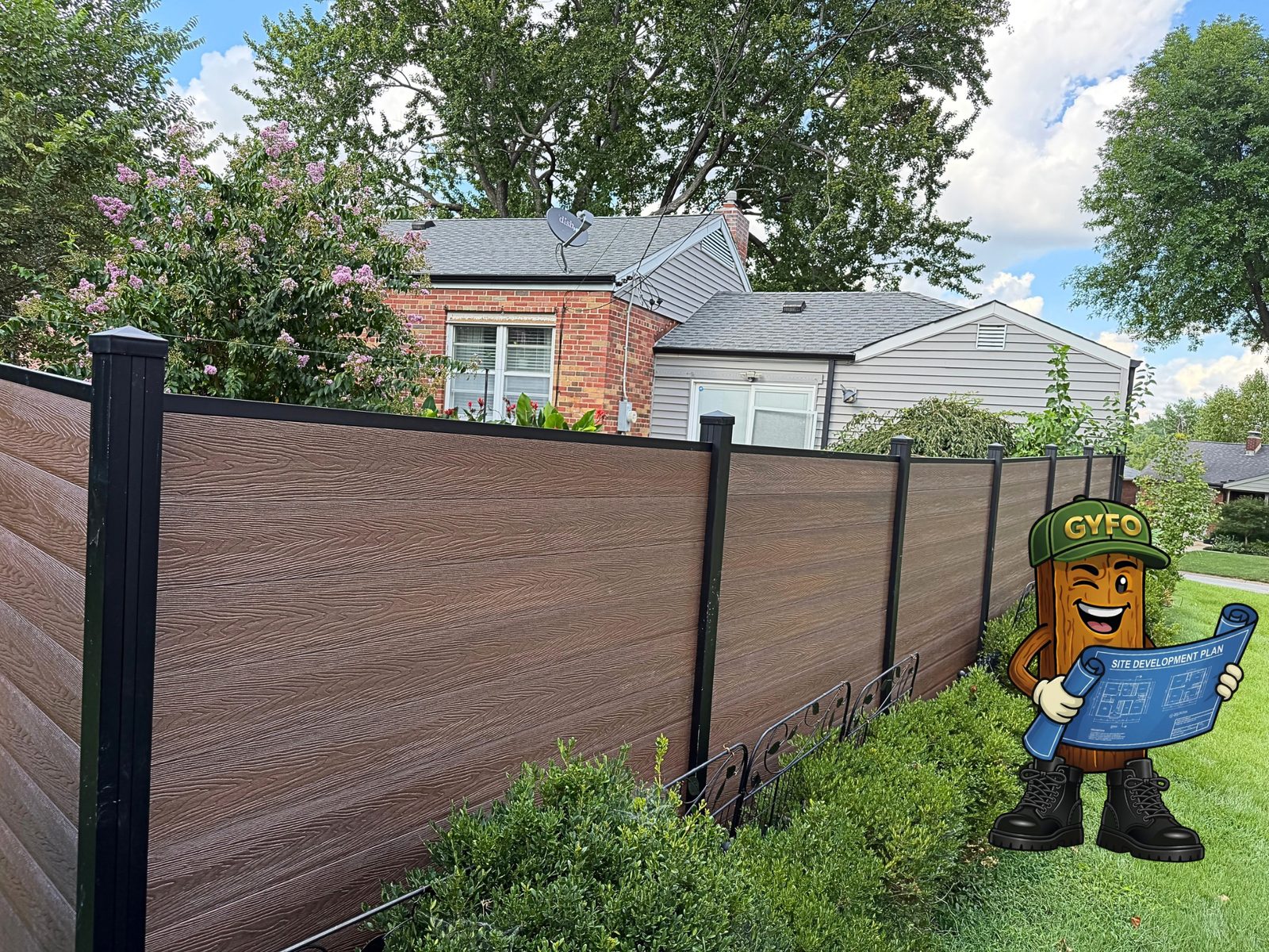 Brown horizontal composite privacy fence with black posts beside a brick house, the GYFO mascot reading a site development plan - a Get Your Fence On install