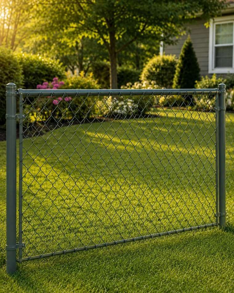 Green vinyl-coated chain link fence section